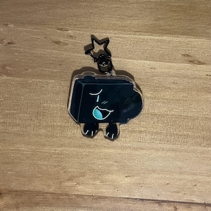 May include: A black acrylic keychain with a cartoon camera design, featuring a smiling face and small feet. The keychain has a black star-shaped clasp and a silver ring for attaching to keys or bags.