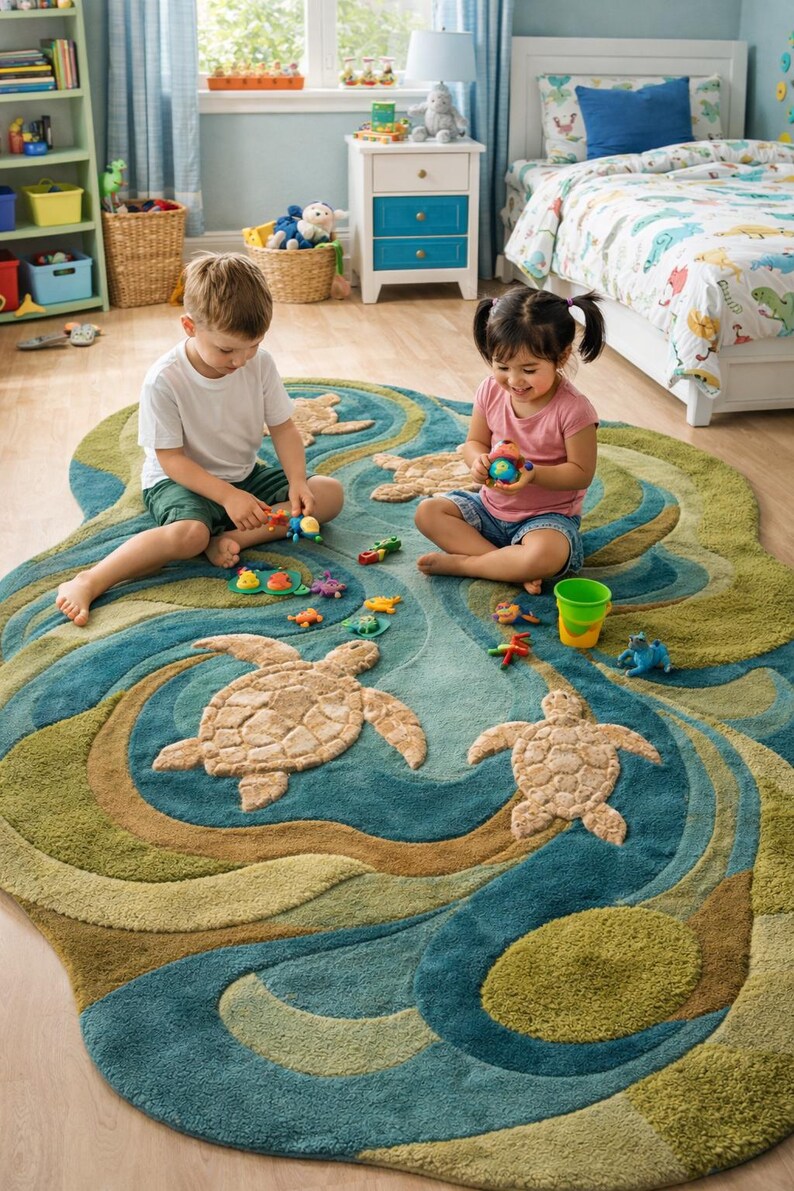 Hand-tufted Wool Sea Turtle Area Rug: Ocean Coastal Decor Carpet - Etsy