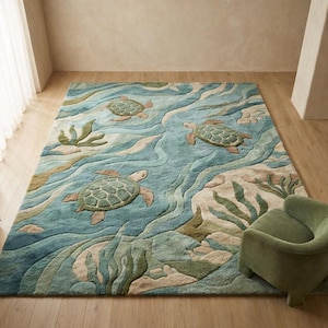 May include: A rectangular area rug with a sea turtle design. The rug features a blue background with wavy patterns, depicting water. Several sea turtles in shades of green and tan are scattered across the rug, along with seaweed and coral.