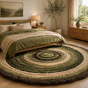 May include: A bedroom scene featuring a wooden bed with green bedding and a circular rug. The rug has concentric circles of green, brown, and beige. A landscape painting hangs above the bed.