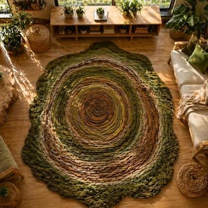 May include: An overhead shot of a living room with a large, round rug in shades of green and brown, resembling a tree ring. The room features a light-colored sofa, wooden furniture, and various plants, creating a natural, earthy aesthetic.