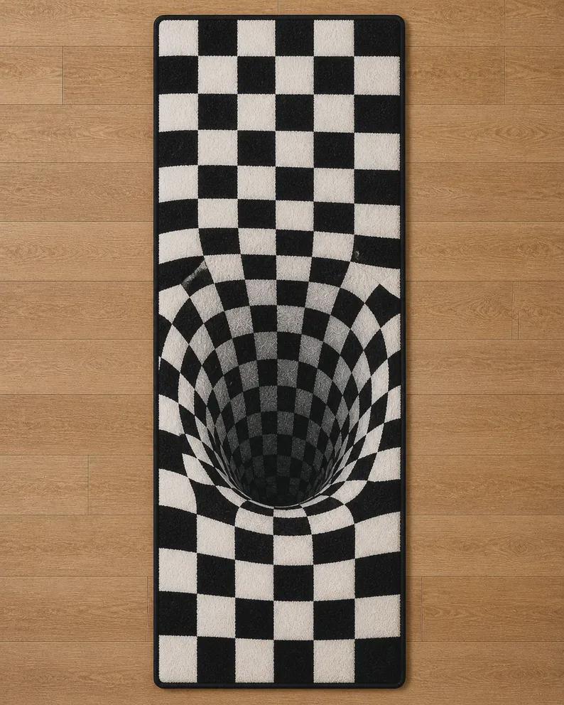 Hand Tufted Optical Illusion Rug Black White Checkered Round Area Rug ...