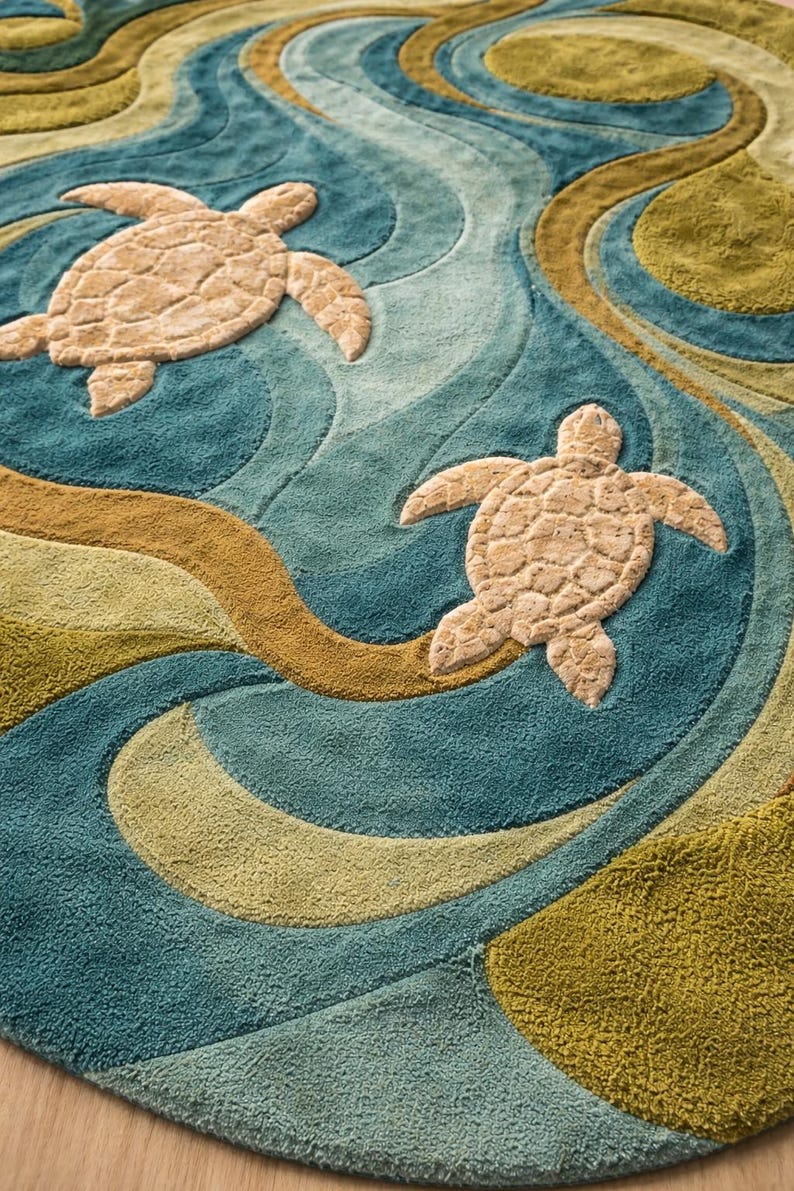 Hand-tufted Wool Sea Turtle Area Rug: Ocean Coastal Decor Carpet - Etsy