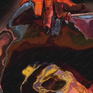 May include: Abstract digital art piece with a textured appearance. The artwork features a blend of colors, including orange, red, blue, brown, and yellow, creating a dynamic and visually engaging composition. The piece has a dark background.