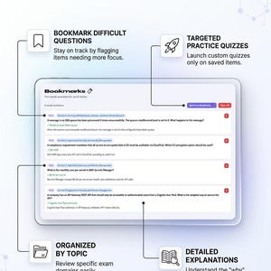 Pu&ograve; includere: Un'interfaccia digitale intitolata Bookmarks che mostra quattro domande d'esame AWS salvate. Include un elenco di domande a scelta multipla con spiegazioni dettagliate, un pulsante per avviare quiz mirati e etichette per l'organizzazione per argomento.