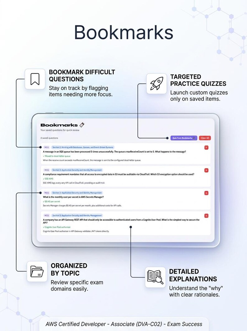 Pu&ograve; includere: Un'interfaccia digitale intitolata Bookmarks che mostra quattro domande d'esame AWS salvate. Include un elenco di domande a scelta multipla con spiegazioni dettagliate, un pulsante per avviare quiz mirati e etichette per l'organizzazione per argomento.