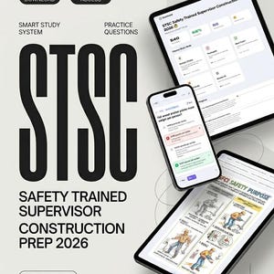 Könnte beinhalten: Das Bild zeigt digitale Lernmaterialien für die STSC Safety Trained Supervisor Construction Prep 2026 Prüfung. Auf einem Tablet und Smartphone werden Übungsfragen und Lernhilfen angezeigt. Der Text enthält "Digitaler Download" und "Sofortiger Zugriff".