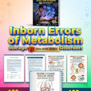 Op de afbeelding: Educatief materiaal voor examenvoorbereiding. De afbeelding toont een boek getiteld "Inborn Errors of Metabolism" met "100+ Most Important Q&A with Explanations". Er zijn ook flashcards en diagrammen opgenomen.