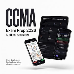 Pode incluir: Imagem de um produto digital com um tablet e dois smartphones exibindo um aplicativo de preparação para o exame CCMA. O texto "CCMA Exam Prep 2026 Medical Assistant" é proeminente. A imagem também destaca recursos como um sistema de quiz inteligente e aprendizado interativo.