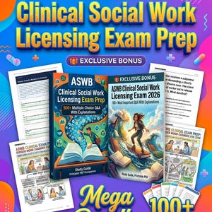 May include: An advertisement for ASWB Clinical Social Work Licensing Exam Prep, featuring study materials and a "Mega Bundle" offer. The image includes study guides, flashcards, and the text "Exclusive Bonus". The design uses a bright colour palette of blue, yellow, and purple.
