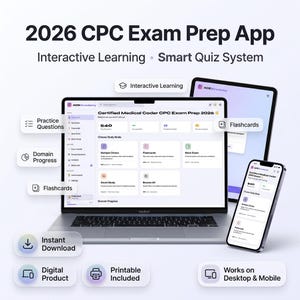 May include: A digital product advertisement for the 2026 CPC Exam Prep App. The image shows a laptop, tablet, and smartphone displaying the app interface. Features include interactive learning, smart quiz system, practice questions, flashcards, and instant download.