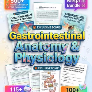 May include: A promotional image for exam preparation materials. The image features the text "Gastrointestinal Anatomy & Physiology" in large, colorful letters, along with study guides, flashcards, and multiple-choice questions. The image also includes the text "Exam Prep" and "Mega Bundle."