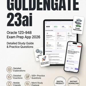 Op de afbeelding: De Goldengate 23ai Oracle 1Z0-948 examenvoorbereidingsapp 2026 toont een tablet en smartphone met studiemodi, flashcards en oefenvragen. Inclusief gedetailleerde uitleg, 500+ oefenvragen, een slim quizsysteem en een PDF-studiegids.