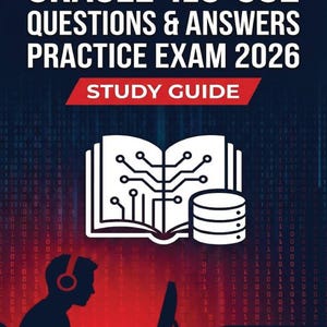 Puede incluir: Portada de una guía de estudio digital con el texto "ORACLE 1z0-082 QUESTIONS & ANSWERS PRACTICE EXAM 2026 STUDY GUIDE." La imagen presenta una silueta de una persona usando una computadora, un libro con diseño de placa de circuito y un icono de base de datos.