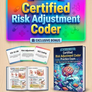 Può includere: Immagine di materiali di preparazione all'esame per il Certified Risk Adjustment Coder. L'immagine presenta un banner colorato con il titolo, diversi libri aperti e un libro di esercizi pratici. La copertina del libro di esercizi pratici presenta un cervello dei cartoni animati con un cappello di laurea.