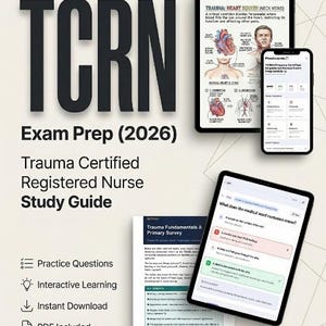 May include: Image of a study guide for the TCRN exam. The image includes a tablet and a smartphone displaying exam prep materials. The guide includes practice questions, interactive learning, instant download, PDF, and mobile-friendly features.