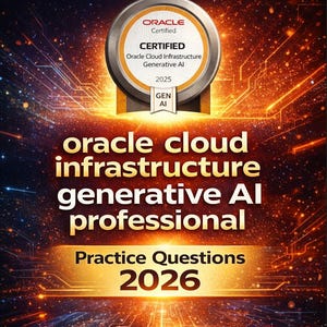 May include: A digital graphic promoting Oracle Cloud Infrastructure Generative AI certification. The image features a circular badge with "Certified" and "Oracle" branding, along with the text "2025". Below, it reads "oracle cloud infrastructure generative AI professional" and "Practice Questions 2026".