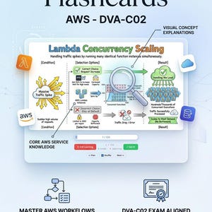 Pu&ograve; includere: Una flashcard digitale per la preparazione all'esame AWS DVA-C02 intitolata Lambda Concurrency Scaling. Presenta un diagramma di flusso che illustra picchi di traffico, opzioni di selezione e risultati, con un'icona a lente d'ingrandimento e loghi AWS.