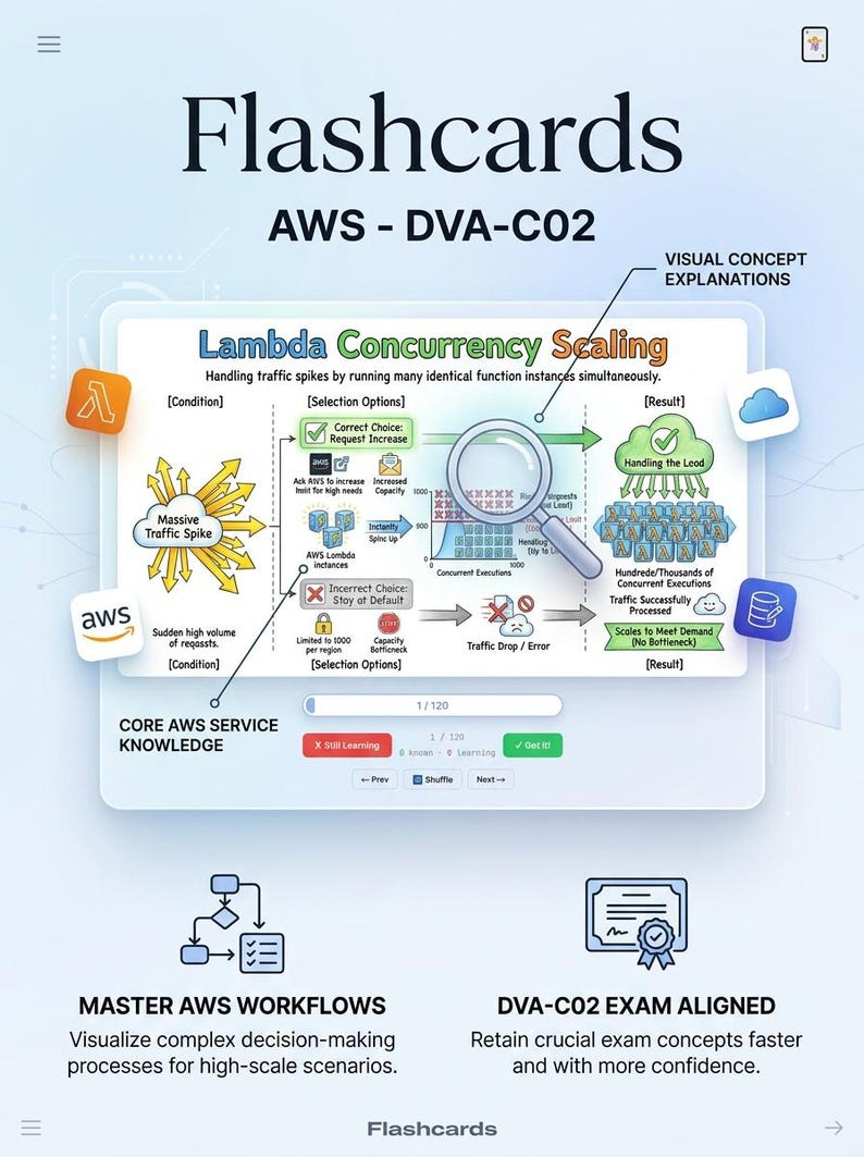 Pu&ograve; includere: Una flashcard digitale per la preparazione all'esame AWS DVA-C02 intitolata Lambda Concurrency Scaling. Presenta un diagramma di flusso che illustra picchi di traffico, opzioni di selezione e risultati, con un'icona a lente d'ingrandimento e loghi AWS.
