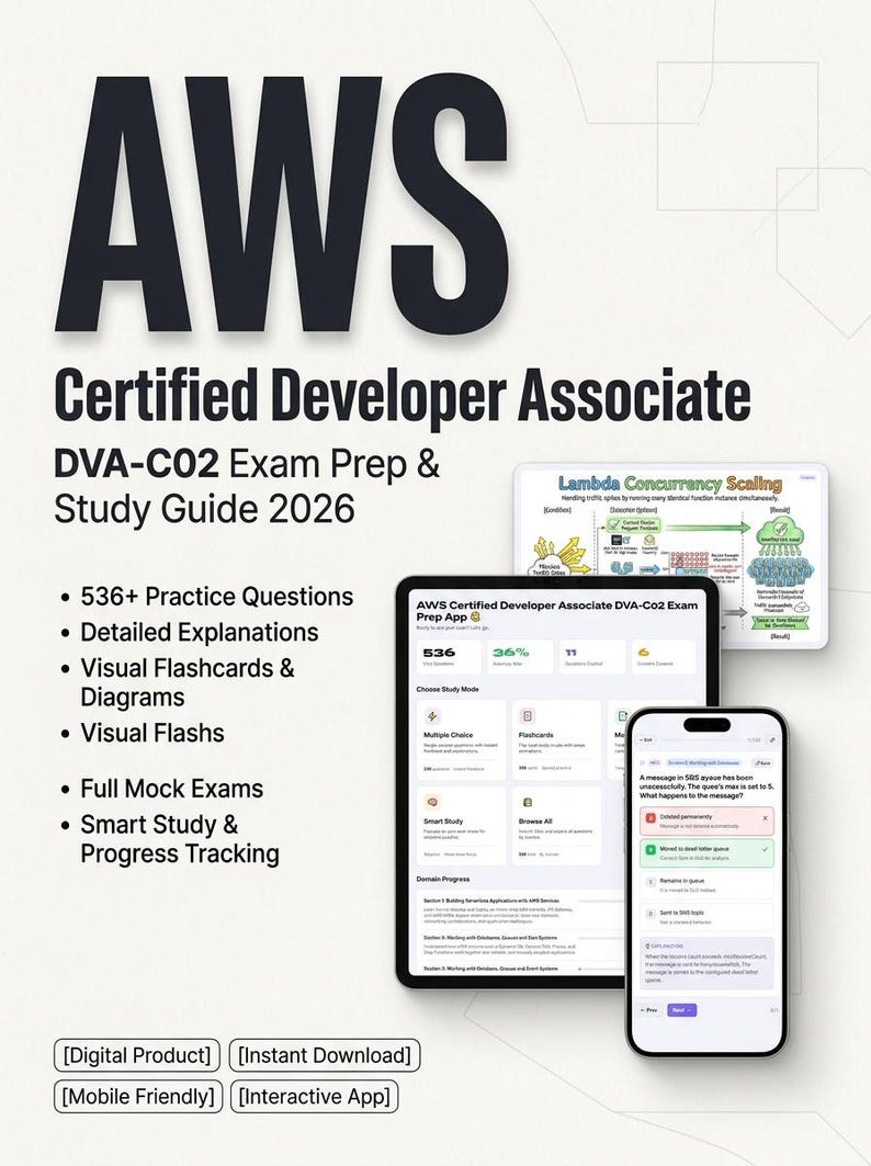 Pu&ograve; includere: Guida allo studio e preparazione all'esame AWS Certified Developer Associate DVA-C02 2026 con 536+ domande pratiche, spiegazioni dettagliate, flashcard visive, diagrammi ed esami simulati su interfaccia per tablet e smartphone.