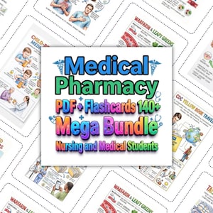 May include: An image showcasing medical study resources, including flashcards and PDFs, with the title "Medical Pharmacy Mega Bundle". The image includes medical illustrations and diagrams, aimed at nursing and medical students.