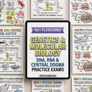May include: A digital download of flashcards for Genetics & Molecular Biology, DNA, RNA, and Central Dogma practice exams. The image shows a tablet with the title and several diagrams about biology.