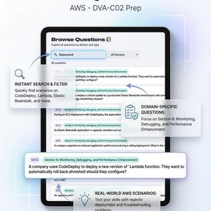 Pu&ograve; includere: Uno schermo di tablet che mostra un'interfaccia di preparazione all'esame AWS DVA-C02 intitolata Browse Questions. Lo schermo presenta una barra di ricerca, un elenco di domande a scelta multipla e riquadri che evidenziano funzionalit&agrave; come la ricerca istantanea, domande specifiche per dominio e scenari AWS reali.