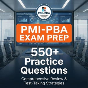 Könnte beinhalten: Grafik zur Vorbereitung auf die PMI-PBA-Prüfung. Der Text "PMI-PBA EXAM PREP" ist in Orange gehalten, darunter "550+ Practice Questions". Im Hintergrund ist ein Konferenzraum mit einem Bildschirm zu sehen, der Geschäftsanalysedaten anzeigt.