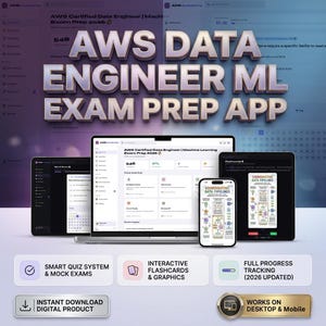 以下が含まれることがあります： AWS Data Engineer ML Exam Prep Appのプロモーション画像。ラップトップ、2台のタブレット、スマートフォンがアプリのインターフェースを表示しています。テキストには「AWS DATA ENGINEER ML EXAM PREP APP」、「SMART QUIZ SYSTEM & MOCK EXAMS」が含まれています。
