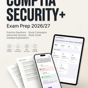 May include: CompTIA Security+ Exam Prep 2026/27 study materials including a tablet and smartphone displaying practice questions, interactive quizzes, and study guides. Features include digital product, instant download, PDF, and mobile friendly icons.