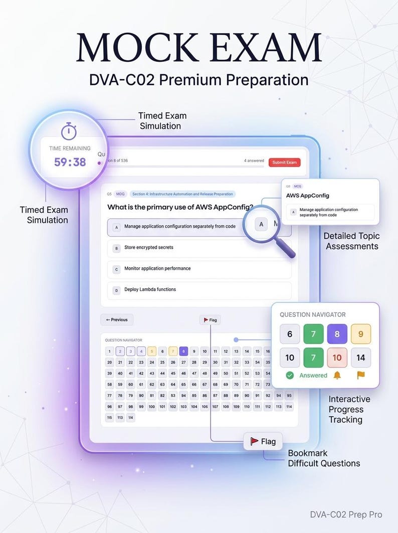Pu&ograve; includere: Un'interfaccia digitale per uno strumento di preparazione all'esame simulato DVA-C02. Lo schermo mostra una domanda a scelta multipla su AWS AppConfig, un timer che indica 59:38, una griglia di navigazione e pulsanti interattivi.