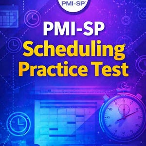May include: A vibrant graphic with the text "PMI-SP Scheduling Practice Test" in yellow. A stopwatch, calendar, and clock icons are also visible. The words "Practice Questions 2026" are at the bottom.