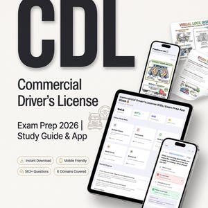 以下が含まれることがあります： 2026年版商用運転免許（CDL）試験対策学習ガイドおよびアプリ。画面には「CDL」「Commercial Driver's License」「Exam Prep 2026」「Study Guide & App」「Instant Download」「Mobile Friendly」「563+ Questions」「6 Domains Covered」というテキストが表示されています。