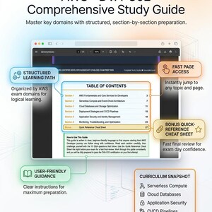 Pu&ograve; includere: Una guida di studio digitale per l'esame AWS DVA-C02 intitolata Exam Arsenal. Il documento mostra un sommario con sezioni sui fondamenti AWS, il calcolo serverless, i database cloud, le strategie di distribuzione e la sicurezza.
