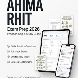Op de afbeelding: AHIMA RHIT Exam Prep 2026 Practice App and Study Guide met 540+ oefenvragen, volledige proefexamens, slimme studiemodus en gedetailleerde uitleg. Het scherm toont een interface voor een tablet en een smartphone met studiemateriaal.