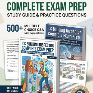 Könnte beinhalten: ICC Building Inspector Complete Exam Prep Studienführer und Übungsfragen mit 500+ Multiple-Choice-Fragen und Erklärungen, druckbarem PDF-Leitfaden, detaillierten Diagrammen, Konzept-Erklärungen und einem Sofort-Download-Abzeichen.