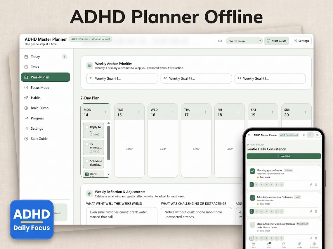 ADHD Daily Planner, Digital Focus Tool for Adults With ADHD, Printable ...