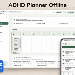 Könnte beinhalten: Eine digitale ADHD-Planer-Oberfläche auf einem Desktop-Bildschirm und einem Smartphone. Das Layout umfasst einen Wochenplan, Ankerprioritäten und Abschnitte zur Gewohnheitsverfolgung mit Textbeschriftungen wie Weekly Anchor Priorities.