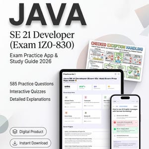 Puede incluir: Una guía de estudio digital para el examen Java SE 21 Developer 1Z0-830, con una tableta y un teléfono inteligente que muestran preguntas de práctica, tarjetas didácticas y un diagrama de manejo de excepciones. Incluye 585 preguntas y cuestionarios.
