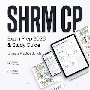 Może przedstawiać: Grafika cyfrowa promująca SHRM CP Exam Prep 2026 & Study Guide. Obraz zawiera tablet, smartfon i materiały drukowane z zasobami do nauki. Tekst zawiera "Pobieranie cyfrowe", "Natychmiastowy dostęp" i "Przyjazny dla urządzeń mobilnych".