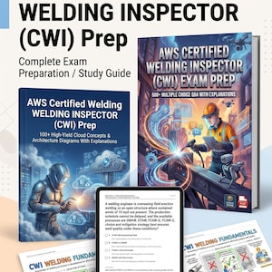 May include: Two AWS Certified Welding Inspector (CWI) exam prep books, a tablet displaying a practice question, and two informational sheets. The books feature illustrations of welders and cloud icons. Text includes AWS CERTIFIED WELDING INSPECTOR (CWI) Prep.