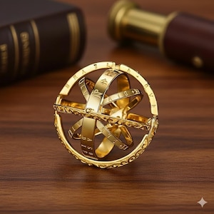 May include: A gold-colored, spherical armillary ring with engraved text. The ring features multiple rotating bands and a decorative outer ring. The background includes a blurred book and a telescope.