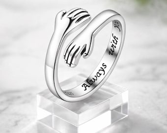 ALWAYS WITH YOU Adjustable 925 Sterling Silver Hug Ring | Heartfelt Gift For Women like Mom Daughter Sister Wife Grandma. Tarnish Free Ring
