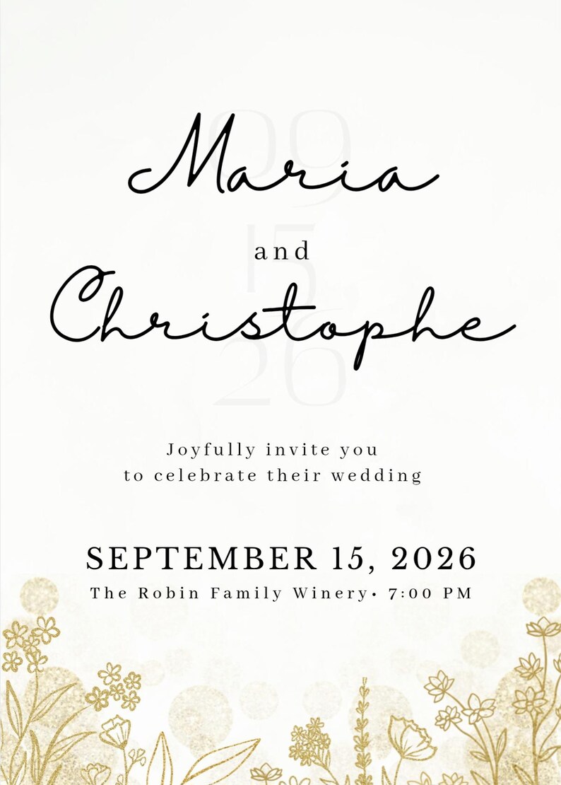 Editable Wedding Invitation Canva Template, Minimal Floral Gold Invite ...