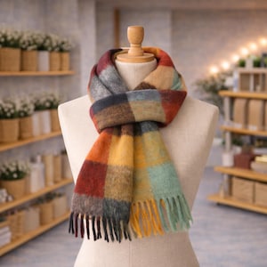 Organic and Eco Friendly Wool Scarf | Womens Chunky Scarf | Soft Winter Scarf | Oversized Wool Plaid Scarf | Gift for Her | Wedding Scarf