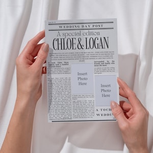 May include: A newspaper-style wedding announcement with the headline "WEDDING DAY POST" and the names "CHLOE & LOGAN." The announcement includes text and two areas labeled "Insert Photo Here." The background is a soft, neutral color.