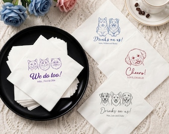 ペット用ウェディングナプキン、パーソナライズされた犬用カクテルナプキン、写真から作るペットのポートレート、カクテルアワー、ウェディングバー、猫用ナプキン