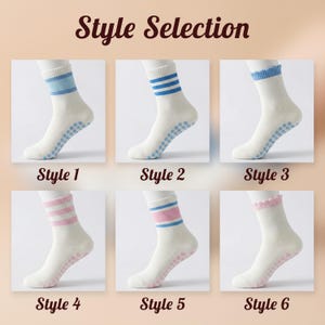 May include: A selection of six pairs of white socks with different colored stripes and trim. The socks are displayed on a white mannequin foot. The text "Style Selection" is at the top of the image, with the styles numbered below each pair of socks.