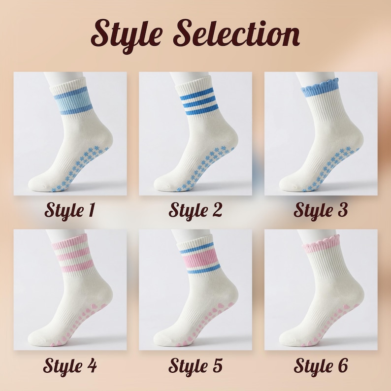May include: A selection of six pairs of white socks with different colored stripes and trim. The socks are displayed on a white mannequin foot. The text "Style Selection" is at the top of the image, with the styles numbered below each pair of socks.