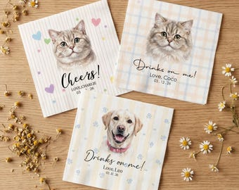 ペットの肖像画入りウェディングカクテルナプキン（犬猫のカスタム水彩デザイン）